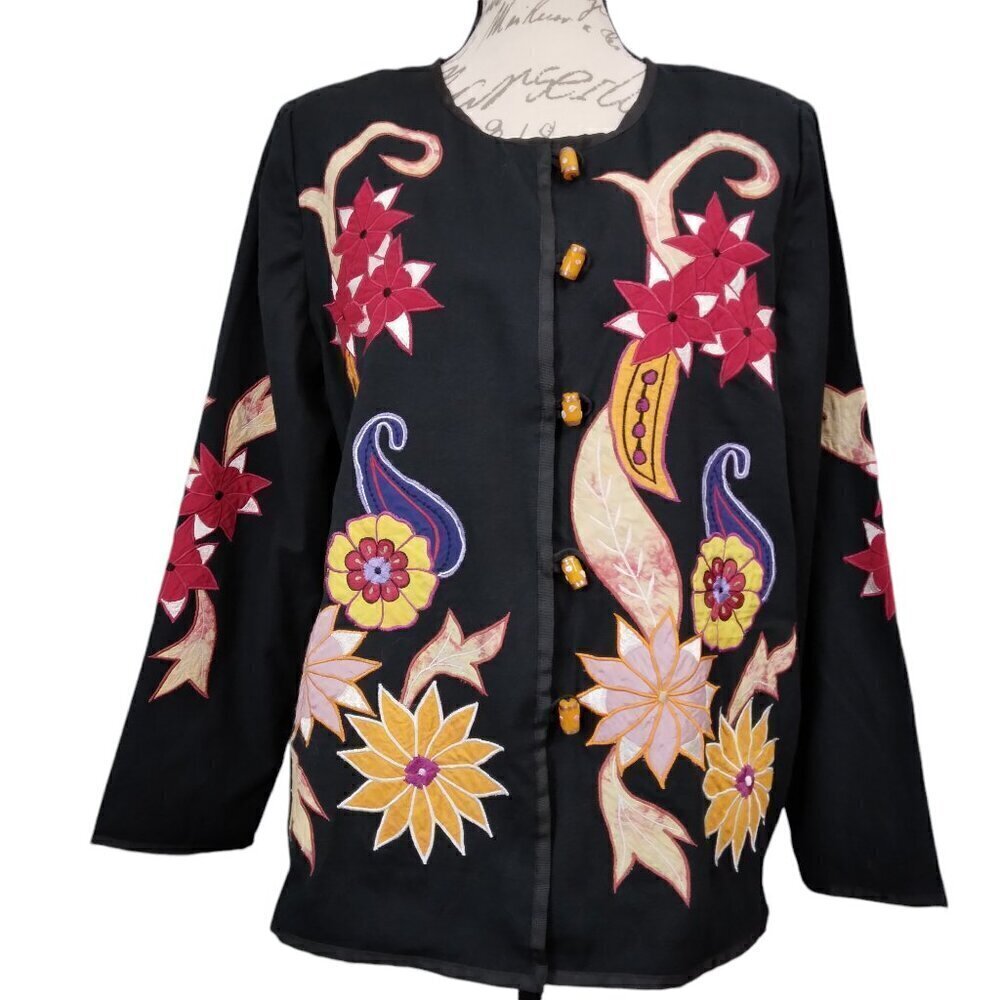 Alex Kim | Black Floral Embroidered Appliqué Linen Jacket Boho Fall| | Size M
